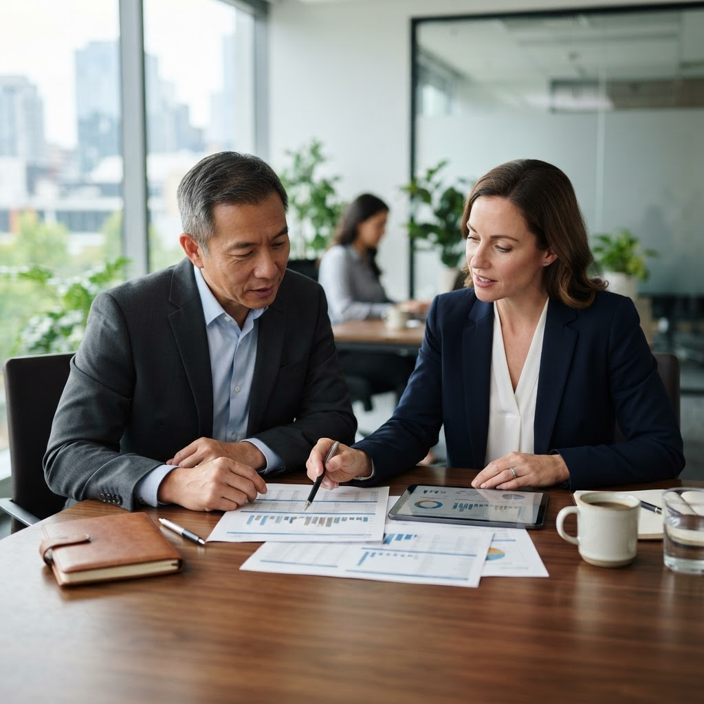 Consultores analisando planejamento financeiro em reunião